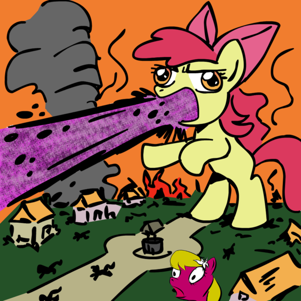 Size: 945x945 | Tagged: safe, artist:megasweet, derpibooru import, apple bloom, lily, lily valley, earth pony, pony, energy blast, female, filly, macro, mare, monster, rearing, well