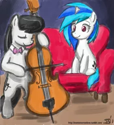 Size: 909x1000 | Tagged: safe, artist:johnjoseco, artist:michos, derpibooru import, octavia melody, vinyl scratch, earth pony, pony, unicorn, cello, chair, duo, female, mare, musical instrument, sitting
