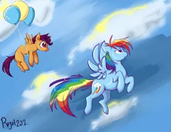 Size: 1402x1084 | Tagged: safe, artist:rajal, derpibooru import, rainbow dash, scootaloo, pegasus, pony, balloon, duo, female, filly, flying, mare, no more ponies at source, scootaloo can't fly