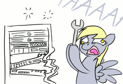 Size: 582x400 | Tagged: safe, artist:conicer, derpibooru import, derpy hooves, pegasus, pony, derpibooru, 503, aaaaaaaaaa, animated, bipedal, computer, derpy hooves tech support, dialogue, female, frown, gif, hoof hold, http status code, loop, mare, meta, no pupils, open mouth, percussive maintenance, screaming, server, simple background, solo, sparks, spread wings, tongue out, white background, wide eyes, wings, wrench