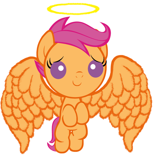 Size: 2520x2560 | Tagged: safe, artist:beavernator, derpibooru import, scootaloo, pegasus, pony, angel, baby, baby pony, baby scootaloo, female, filly, foal, halo, high res, hilarious in hindsight, large wings, simple background, solo, white background