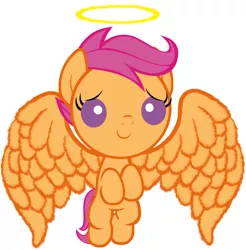 Size: 2520x2560 | Tagged: safe, artist:beavernator, derpibooru import, scootaloo, pegasus, pony, angel, baby, baby pony, baby scootaloo, female, filly, foal, halo, high res, hilarious in hindsight, large wings, simple background, solo, white background