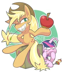 Size: 800x900 | Tagged: apple, applejack, appul, artist:gashi-gashi, derpibooru import, duo, eating, female, food, grin, obligatory apple, safe, semi-anthro, smiling, twilight sparkle