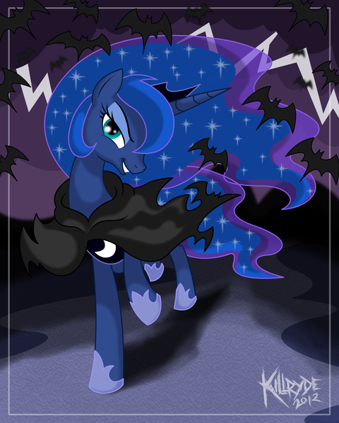 Size: 1600x2000 | Tagged: safe, artist:killryde, derpibooru import, princess luna, alicorn, bat, pony, bat cloak, cloak, clothes, female, mare, solo, trotting