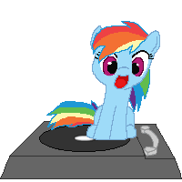 Size: 200x200 | Tagged: safe, artist:tomdantherock, derpibooru import, rainbow dash, pegasus, pony, animated, cute, dashabetes, dawwww, female, filly, gif, loop, open mouth, record player, simple background, sitting, smiling, solo, spinning, transparent background, turntable, turntable pony