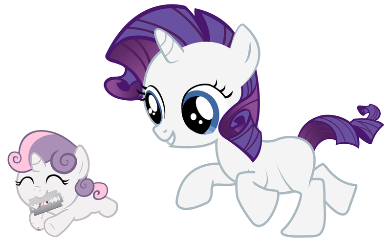 Size: 1131x700 | Tagged: artist needed, grimdark, derpibooru import, rarity, sweetie belle, pony, unicorn, baby, baby pony, blood, filly, foal, mouth hold, razor, running, simple background, white background