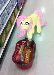 Size: 830x1152 | Tagged: safe, artist:ludiculouspegasus, derpibooru import, fluttershy, pegasus, pony, female, irl, mare, photo, ponies in real life, shopping, shopping basket, solo