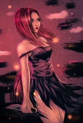 Size: 2023x3000 | Tagged: artist:soranamae, bare shoulders, breasts, busty pinkie pie, clothes, derpibooru import, discorded, dress, female, high res, human, humanized, knife, pinkamena diane pie, pinkie pie, rain, semi-grimdark, solo, tailed humanization, weapon