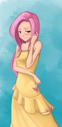Size: 900x1825 | Tagged: artist:shtut, bare shoulders, blushing, breasts, clothes, delicious flat chest, derpibooru import, dress, female, flattershy, fluttershy, gradient background, human, humanized, safe, skinny, solo