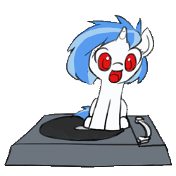 Size: 440x440 | Tagged: safe, artist:valcron, derpibooru import, vinyl scratch, pony, unicorn, derpibooru, animated, female, filly, gif, loop, meta, red eyes, simple background, sitting, solo, spinning, transparent background, turntable, turntable pony, younger