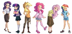 Size: 2222x1058 | Tagged: applejack, applejack's hat, artist:ric-m, boots, clothes, cowboy boots, cowboy hat, derpibooru import, female, fluttershy, hat, human, human coloration, humanized, light skin, long skirt, mane six, mary janes, pinkie pie, pointed breasts, rainbow dash, rarity, safe, simple background, skinny, skirt, sweater, sweatershy, twilight sparkle, white background