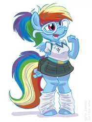 Size: 675x900 | Tagged: adorkable, anthro, artist:1trick, artist:zinnthos, clothes, cute, derpibooru import, dork, female, glasses, leg warmers, nerd, open mouth, rainbow dash, rainbow dork, safe, simple background, skirt, smiling, solo, unguligrade anthro, white background