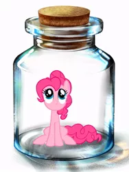 Size: 600x800 | Tagged: artist needed, safe, derpibooru import, pinkie pie, earth pony, pony, bottle, female, looking up, mare, pony in a bottle, sitting, solo