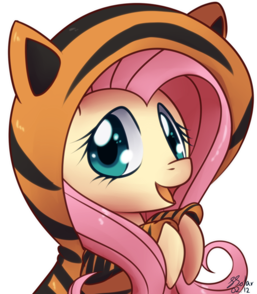 Size: 700x800 | Tagged: safe, artist:solar-slash, derpibooru import, fluttershy, big cat, pegasus, pony, tiger, costume, cute, female, mare, solo