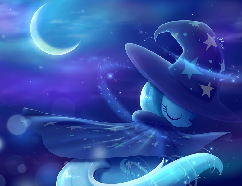 Size: 973x749 | Tagged: dead source, safe, artist:misteelala, derpibooru import, trixie, pony, unicorn, clothes, crescent moon, eyes closed, female, hat, magic, mare, moon, rear view, robe, smiling, solo, transparent moon, trixie's cape, trixie's hat
