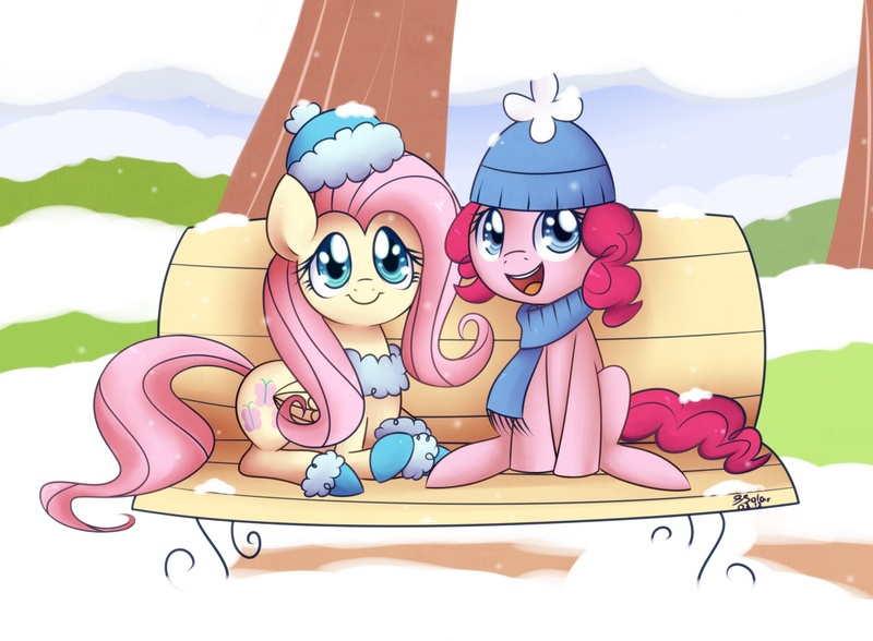 Size: 2040x1500 | Tagged: safe, artist:solar-slash, derpibooru import, fluttershy, pinkie pie, earth pony, pegasus, pony, :d, bench, clothes, duo, female, happy, hat, looking at you, mare, prone, scarf, sitting, snow, snowfall, winter