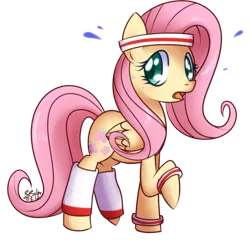 Size: 953x914 | Tagged: dead source, safe, artist:solar-slash, derpibooru import, fluttershy, pegasus, pony, cute, female, headband, leg warmers, mare, plewds, shyabetes, simple background, solo, sweat, transparent background, wristband