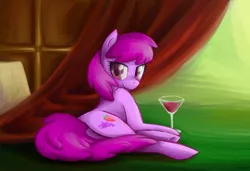 Size: 1900x1300 | Tagged: source needed, useless source url, safe, artist:hahasauce, derpibooru import, berry punch, berryshine, earth pony, pony, alcohol, cider, cocktail glass, drink, female, looking at you, looking back, mare, plot, prone, side, smiling, solo, wine