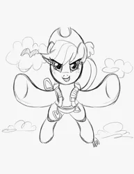 Size: 773x1000 | Tagged: safe, artist:mew, derpibooru import, applejack, earth pony, pony, cloud, falling, female, mare, monochrome, parachute, skydiving, solo