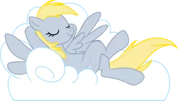 Size: 1000x566 | Tagged: safe, artist:mew, derpibooru import, derpy hooves, pegasus, pony, cloud, crossed legs, cutie mark, eyes closed, female, hooves, hooves behind head, lying on a cloud, mare, on a cloud, on back, simple background, sleeping, smiling, solo, spread wings, transparent background, wings