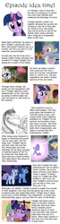 Size: 640x2384 | Tagged: safe, derpibooru import, night light, spike, twilight sparkle, twilight velvet, zecora, dragon, pony, unicorn, zebra, dragonified, episode idea, female, male, mare, stallion, text