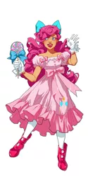 Size: 500x1000 | Tagged: artist:lettiebobettie, candy, clothes, derpibooru import, dress, female, food, gloves, human, humanized, lollipop, name, pinkie pie, ribbon, safe, simple background, solo, white background