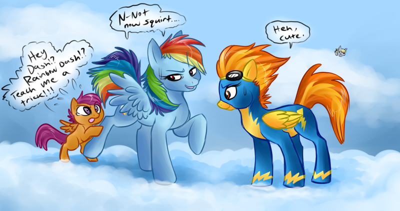 Size: 1058x558 | Tagged: source needed, safe, artist:qwert5, derpibooru import, derpy hooves, rainbow dash, scootaloo, spitfire, pegasus, pony, blank flank, cloud, cloudy, cutie mark, female, filly, foal, goggles, hooves, mare, on a cloud, open mouth, peeking, speech bubble, spread wings, standing on cloud, sweat, sweatdrop, wings, wonderbolts, wonderbolts uniform