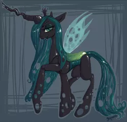 Size: 1000x962 | Tagged: safe, artist:sigil, derpibooru import, queen chrysalis, changeling, changeling queen, abstract background, bedroom eyes, female, image, looking at you, png, raised hoof, signature, solo