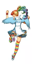 Size: 500x1000 | Tagged: artist:lettiebobettie, clothes, derpibooru import, female, human, humanized, ponytail, rainbow dash, rear view, safe, simple background, socks, solo, striped socks, white background, winged humanization, wings