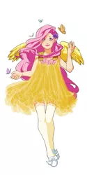 Size: 500x1000 | Tagged: artist:lettiebobettie, butterfly, clothes, derpibooru import, dress, female, fluttershy, human, humanized, safe, simple background, solo, white background, winged humanization