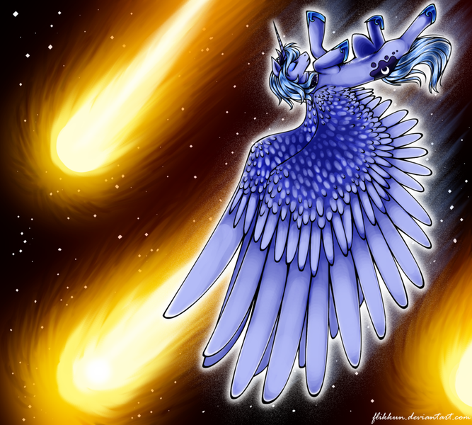 Size: 900x810 | Tagged: safe, artist:flikkun, derpibooru import, princess luna, alicorn, pony, eyes closed, female, large wings, mare, meteor, s1 luna, solo