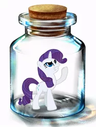 Size: 600x800 | Tagged: artist needed, safe, derpibooru import, rarity, pony, unicorn, angry, bottle, female, mare, pony in a bottle, raised hoof, solo