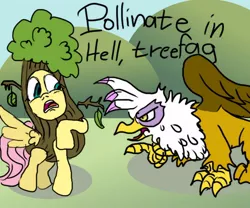 Size: 600x500 | Tagged: artist needed, safe, derpibooru import, fluttershy, gilda, gryphon, pegasus, pony, duo, female, flutterbuse, fluttertree, mare, tree costume