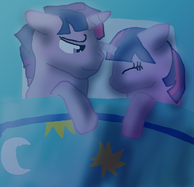 Size: 783x756 | Tagged: safe, artist:samoyedwarrior, derpibooru import, twilight sparkle, pony, unicorn, fanfic, fanfic:on a cross and arrow, bed, dusk shine, fanfic art, female, floppy ears, male, mare, rule 63, self ponidox, sleeping, stallion