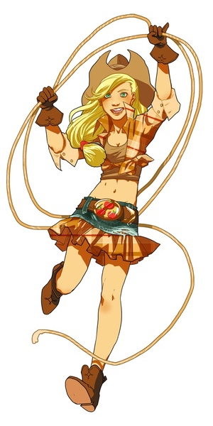 Size: 500x1000 | Tagged: applejack, artist:lettiebobettie, belly button, belt, belt buckle, clothes, derpibooru import, female, front knot midriff, gloves, human, humanized, lasso, midriff, rope, safe, simple background, skinny, skirt, solo, white background