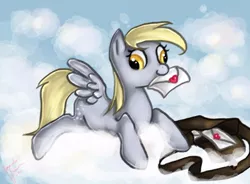 Size: 600x441 | Tagged: safe, artist:lovelyartdump, derpibooru import, derpy hooves, pegasus, pony, bag, cloud, female, hooves, letter, lying on a cloud, mail, mailmare, mare, mouth hold, on a cloud, photoshop elements, prone, solo, spread wings, wings