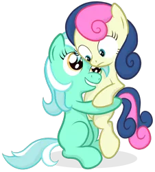 Size: 1000x1107 | Tagged: safe, artist:manateemckenzie, derpibooru import, bon bon, lyra heartstrings, sweetie drops, earth pony, pony, unicorn, duo, female, filly, foal, hug, simple background, transparent background