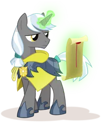 Size: 1800x2200 | Tagged: safe, artist:equestria-prevails, derpibooru import, oc, oc:aster, unofficial characters only, pony, unicorn, armor, cape, clothes, levitation, lidded eyes, magic, male, reading, scroll, simple background, solo, stallion, tail wrap, telekinesis, transparent background, wizard