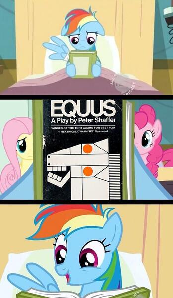 Size: 581x1000 | Tagged: safe, derpibooru import, screencap, fluttershy, pinkie pie, rainbow dash, earth pony, pegasus, pony, read it and weep, bandage, bed, book, equus, female, hospital, hub logo, mare, reading rainbow