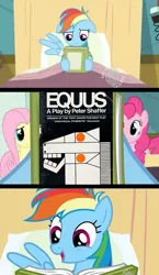 Size: 581x1000 | Tagged: safe, derpibooru import, screencap, fluttershy, pinkie pie, rainbow dash, earth pony, pegasus, pony, read it and weep, bandage, bed, book, equus, female, hospital, hub logo, mare, reading rainbow