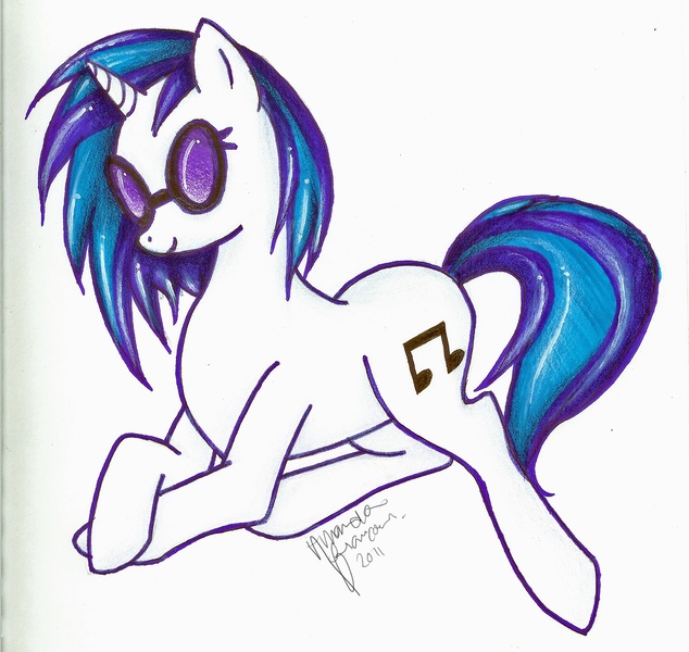 Size: 1700x1608 | Tagged: safe, artist:lovelyartdump, derpibooru import, vinyl scratch, pony, unicorn, female, mare, photoshop elements, prone, solo, traditional art