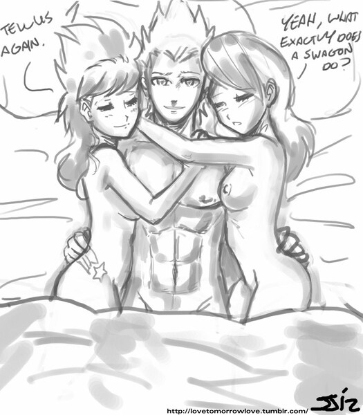 Size: 735x840 | Tagged: abs, artist:johnjoseco, bed, breasts, cloudchaser, cutie mark on human, derpibooru import, female, ffm threesome, flitter, flitterspike, grayscale, group sex, human, humanized, male, monochrome, naked hug, nipples, nudity, polyamory, questionable, shipping, spike, spikechaser, spike gets all the mares, straight, swag, threesome