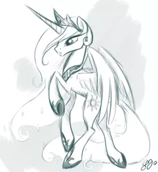 Size: 917x1000 | Tagged: safe, artist:probablyfakeblonde, derpibooru import, princess celestia, alicorn, pony, abstract background, female, flying, lineart, mare, monochrome, sketch, solo