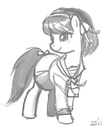 Size: 600x729 | Tagged: safe, artist:johnjoseco, derpibooru import, ponified, earth pony, pony, anime, clothes, crossover, female, mare, melancholy of haruhi suzumiya, monochrome, parody, suzumiya haruhi