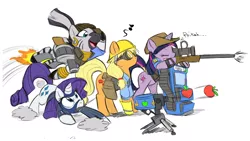 Size: 1496x844 | Tagged: safe, artist:0r0ch1, derpibooru import, applejack, rarity, twilight sparkle, zecora, earth pony, pony, unicorn, zebra, action pose, apple, clothes, costume, crossover, cutie mark, demoman, demozecora, engiejack, engineer, female, food, grenade launcher, gun, hooves, horn, knife, mare, mouth hold, open mouth, optical sight, poikah, rarispy, rifle, simple background, sniper, sniper rifle, spy, team fortress 2, tongue out, twilight sniper, weapon, white background
