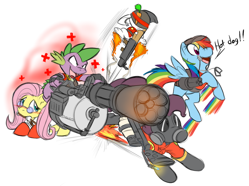 Size: 1352x1012 | Tagged: safe, artist:0r0ch1, derpibooru import, angel bunny, fluttershy, pinkie pie, rainbow dash, spike, dragon, pegasus, pony, costume, female, fluttermedic, gun, heavy, male, mare, medic, pinkie pyro, pyro, rainbow scout, rocket jump, scout, soldier, team fortress 2, weapon