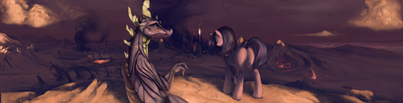 Size: 1600x411 | Tagged: safe, artist:fruitbloodmilkshake, derpibooru import, spike, twilight sparkle, dragon, pony, unicorn, adult, adult spike, butt, duo, female, future, male, mare, no more ponies at source, older, plot, rear view, technical advanced, wasteland, widescreen