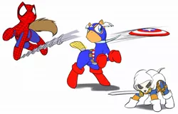 Size: 1280x821 | Tagged: safe, artist:0r0ch1, derpibooru import, ponified, earth pony, pony, captain america, crossover, male, marvel, mouth hold, shield, spider-man, stallion, sword, taskmaster, weapon