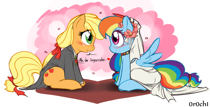 Size: 1268x648 | Tagged: safe, artist:0r0ch1, derpibooru import, applejack, rainbow dash, earth pony, pegasus, pony, abstract background, appledash, blushing, clothes, dress, eye contact, female, lesbian, looking at each other, mare, shipping, sitting, wedding, wedding dress