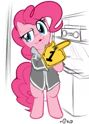 Size: 449x623 | Tagged: safe, artist:0r0ch1, derpibooru import, pinkie pie, earth pony, pony, american psycho, bipedal, check em, christian bale, crossover, female, foam finger, huey lewis and the news, mare, meme, parody, patrick bateman, solo